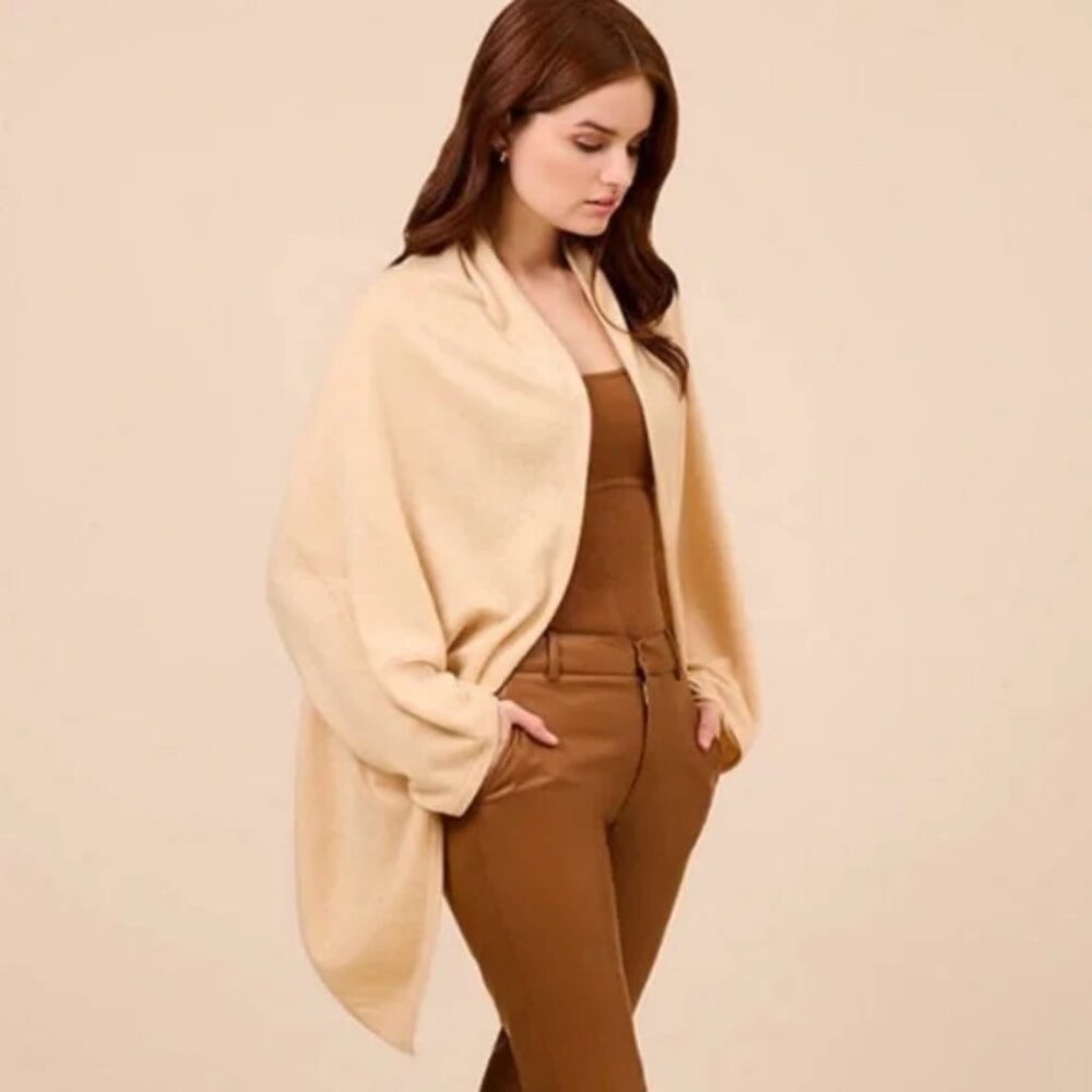 Adrianna Papell Classic Solid Cashmere Blend S'HUG® Cardigan Wrap Beige Size M/L